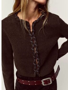 Zara Dark Brown inter woven Braided-Trim cardigan Sweater small